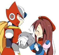  1boy android blonde_hair blush brown_hair closed_eyes female gloves hand_puppet helmet iris iris_(rockman_x) long_hair miyata_(lhr) ponytail profile puppet rockman rockman_x white_background white_gloves zero_(rockman) 