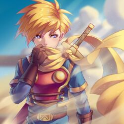  1boy armor blonde_hair blue_eyes breastplate cape commentary gloves golden_sun isaac_(golden_sun) kaijuicery leather leather_gloves male_focus scarf short_hair solo spiked_hair super_smash_bros. sword sword_on_back weapon weapon_on_back yellow_scarf 