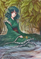  alternate_eye_color blue_hair commentary_request curly_hair dress female fins head_fins hideki japanese_clothes leaf mermaid monster_girl partially_submerged photoshop_(medium) plant red_eyes solo touhou wakasagihime 