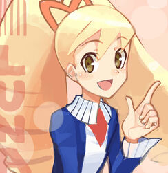  bangs blonde_twintails blush brown_eyes capcom character_name eyebrows_visible_through_hair hair hand_gesture haruno_shuu index_finger_raised looking_to_the_side open_mouth ribbon rockman ryuusei_no_rockman shirogane_luna smile twintails 