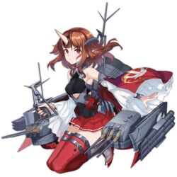  anchor_print azur_lane bare_shoulders breasts bright_pupils brown_hair closed_mouth detached_sleeves female fingernails frown full_body horns index_finger_raised machinery medium_breasts miniskirt mogami_(azur_lane) pleated_skirt pointy_ears realmbw red_eyes red_skirt red_thighhighs short_hair single_horn skirt solo tachi-e thighhighs torpedo torpedo_tubes transparent_background turret white_pupils wide_sleeves zettai_ryouiki 