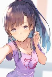  armpit_peek armpits asymmetrical_bangs bad_id bad_twitter_id black_hair blunt_bangs blush breasts cleavage female grey_eyes hand_up idolmaster idolmaster_cinderella_girls kobayakawa_sae looking_at_viewer pink_shirt ponytail reaching reaching_towards_viewer selfie shirt sidelocks small_breasts smile t-shirt ultone_(neisiss) upper_body wide_ponytail 