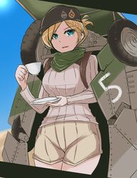  aec_armored_command_vehicle beret blonde_hair blue_eyes commentary_request cup desert female hat mecha_musume milihime_taisen montgomery_(milihime_taisen) plate scarf sekitaku shade short_hair shorts sweater teacup wheel 