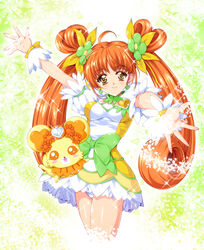  ahoge bow brooch brown_eyes brown_hair choker commentary_request creature cure_rosetta curly_hair dokidoki!_precure double_bun earrings female flower green_choker hair_bun hair_flower hair_ornament hair_ribbon heart heart_brooch highres jewelry long_hair magical_girl outstretched_hand photoshop_(medium) precure puffy_sleeves rance_(dokidoki!_precure) ribbon skirt smile sparkle tamiya_akito twintails waist_bow wrist_cuffs yotsuba_alice 