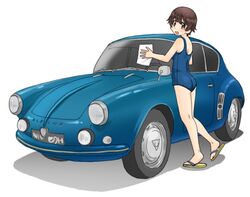  alpine_(carmaker) alpine_a106 ass bare_shoulders blue_one-piece_swimsuit brown_eyes brown_hair car cleaning commentary female girls_und_panzer holding holding_rag looking_at_viewer looking_back motor_vehicle nakajima_(girls_und_panzer) one-piece_swimsuit open_mouth rag renault sandals school_swimsuit shadow short_hair simple_background smile solo standing standing_on_one_leg swimsuit uona_telepin vehicle_focus washing_vehicle white_background 