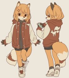  accessory anthro black_eyes black_nose bottomwear canid canine cellphone clothed clothing digital_media_(artwork) electronics female fluffy fluffy_tail footwear fox fur hair hair_accessory hairclip jacket kemono legwear mammal nintendo orange_body orange_fur orange_hair phone shizuku_(yagi) shoes shorts simple_background smile sneakers socks solo star_fox sweater tail topwear turtleneck yagi_the_goat young 