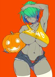  arm_over_head armpits blue_hair breasts collarbone commentary covered_nipples crop_top cutoffs dark-skinned_female dark_skin denim denim_shorts earrings female gradient_hair green_hair grey_eyes hair_over_one_eye halloween jack-o&#039;-lantern jewelry large_breasts micro_shorts mikoyan mole mole_under_mouth multicolored_hair navel neck open_clothes open_shorts orange_background orange_panties original pale_eye pale_skin panties parted_lips pink_lips pumpkin short_hair shorts simple_background solo standing stomach thighhighs thighs torn_clothes torn_shorts undead underboob underwear white_thighhighs wide_hips zombie 