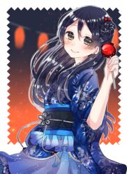  bjcrk453 blue_hair blue_kimono blush candy_apple commentary_request cowboy_shot dianthus earrings female floral_print food hair_between_eyes hair_bun hair_ornament highres japanese_clothes jewelry kimono long_hair looking_at_viewer love_live! love_live!_school_idol_festival love_live!_school_idol_project protected_link single_side_bun smile solo sonoda_umi yellow_eyes yukata 