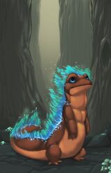  ambiguous_gender amphibian blue_eyes blue_fire brown_body colored_fire conditional_dnp feral fire hi_res mythological_creature mythological_salamander mythological_scalie mythology outside plant scalie solo tail tojo_the_thief tree 