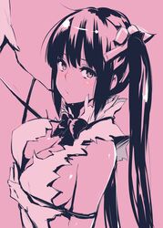  :/ bare_shoulders breasts cleavage commentary_request covered_nipples dungeon_ni_deai_wo_motomeru_no_wa_machigatteiru_darou_ka female hair_ribbon hestia_(danmachi) large_breasts long_hair monochrome napata pink_background rei_no_himo ribbon solo twintails upper_body 