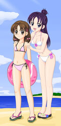  2girls beach bikini black_eyes blush breasts brown_eyes brown_hair cleavage cloud commentary_request day front-tie_bikini_top front-tie_top futari_wa_precure_splash_star hair_bun half_updo highres hyuuga_minori innertube long_hair mishou_mai multiple_girls navel open_mouth precure purple_hair sandals short_hair single_hair_bun sky swim_ring swimsuit zai_jian_kanchou 