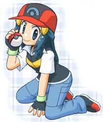  alternate_costume blue_eyes cap cosplay dawn_(pokemon) female fingerless_gloves gloves hair_ornament happy kneeling lowres nintendo poke_ball pokemon pokemon_(anime) pokemon_(game) satoshi_(pokemon) satoshi_(pokemon)_(cosplay) shoes small_breasts smile solo 