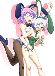  2girls animal_ears bad_id bad_pixiv_id bare_legs bare_shoulders black_legwear blue_eyes blue_leotard blush bow bowtie breast_press breasts brown_legwear cleavage closed_eyes detached_collar embarrassed fake_animal_ears flat_chest green_leotard grey_hair high_heels highres konpaku_youmu large_breasts leotard lips mukai multiple_girls necktie open_mouth pantyhose pink_hair playboy_bunny rabbit_ears rabbit_tail saigyouji_yuyuko short_hair silhouette tail touhou wrist_cuffs yuri 