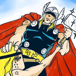  2boys angry blonde_hair cape helmet lowres marvel mjolnir multiple_boys muscle thor_(marvel) 