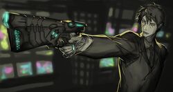  1boy borrowed_weapon commentary_request crossover dominator_(gun) formal gun idolmaster idolmaster_cinderella_girls male_focus md5_mismatch miwa_shirow parody producer_(idolmaster) producer_(idolmaster_cinderella_girls_anime) psycho-pass solo suit weapon 