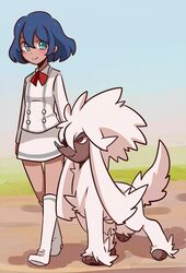  blue_eyes blue_hair blush boots dark_blue_hair dark_skin day female furfrou furfrou_(natural) knee_boots looking_at_viewer outdoors pinkuchama pokemon pokemon_(creature) pokemon_xy red_eyes short_hair sina_(pokemon) smile walking white_footwear 