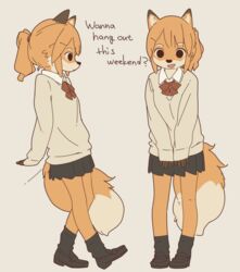  anthro biped black_eyes black_nose bottomwear canid canine clothed clothing dialogue english_text female fluffy fluffy_tail footwear fox fur hair kemono leaning leaning_backward legwear looking_at_viewer mammal open_mouth orange_body orange_fur orange_hair ponytail school_uniform shizuku_(yagi) shoes simple_background skirt smile socks solo sweater tail text topwear uniform yagi_the_goat 