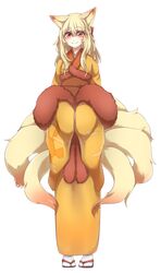  animal_ears bad_id bad_pixiv_id blonde_hair female fox_ears full_body japanese_clothes long_hair looking_at_viewer ninetales personification pokemon red_eyes sandals shikkoku_neko smile socks solo standing tail white_socks wide_sleeves 