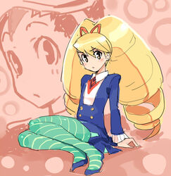  1boy arm_support bangs blonde_hair blue_legwear blush buttons capcom female full_body hair_ornament hair_ribbon haruno_shuu hoshikawa_subaru legwear long_hair looking_to_the_side pantyhose rockman ryuusei_no_rockman shirogane_luna sitting striped_legwear twintails 