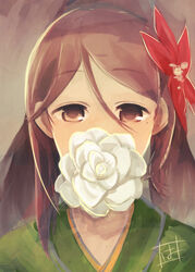  amagi_(kancolle) brown_eyes brown_hair commentary_request covering_own_mouth female flower flower_in_mouth hair_between_eyes hair_flower hair_ornament harunagi japanese_clothes kantai_collection kimono long_hair looking_at_viewer mole mole_under_eye photoshop_(medium) ponytail portrait solo white_flower 