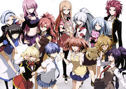  6+girls absurdres akuma_no_riddle azuma_tokaku banba_mahiru black_hair black_legwear blue_eyes blue_hair breasts brown_hair brown_shirt brown_skirt carrying cleavage glasses hairband hanabusa_sumireko hashiri_nio highres holding_hands ichinose_haru interlocked_fingers inukai_isuke kaminaga_kouko kenmochi_shiena kirigaya_hitsugi long_hair medium_breasts minakata_sunao multiple_girls namatame_chitaru navel necktie official_art one_eye_closed piggyback pink_hair pink_skirt pleated_skirt ponytail purple_hair purple_skirt red_eyes red_hair sagae_haruki shirt short_hair shutou_suzu silver_hair skirt smile stuffed_animal stuffed_toy takechi_otoya teddy_bear thighhighs white_shirt yellow_eyes yuri 