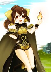  armor artist_name bare_legs bare_shoulders blush boots bracelet breastplate brown_eyes brown_hair cape commentary_request delthea_(fire_emblem) dress female fire fire_emblem fire_emblem_echoes:_shadows_of_valentia hair_ribbon highres jewelry long_hair microdress oerba_yun_fang ponytail ribbon sleeveless sleeveless_dress smile solo thigh_gap thighs twitter_username yellow_ribbon yuyumi_(yuurei) 