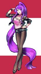  absurdly_long_hair bad_id bad_twitter_id commentary cosplay female full_body highres jacket junna_(singer) junna_(singer)_(cosplay) long_hair macross macross_delta mikumo_guynemer multicolored_hair pantyhose ponytail pose purple_hair red_eyes shimatani_azu shirt short_shorts shorts solo t-shirt two-tone_hair very_long_hair voice_actor_connection 