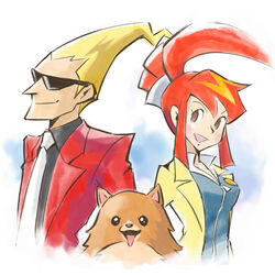  1boy bad_id bad_pixiv_id badge big_hair blonde_hair blue_eyes canine female formal ghost_trick long_hair lynne_(ghost_trick) missile_(ghost_trick) necktie open_mouth photoshop_(medium) pointy_hair pomeranian_(dog) red_hair shirokichi sideways_glance simple_background sissel_(ghost_trick) smile suit sunglasses tongue tuxedo zipper 