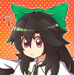  ? absurdres black_hair blush bow closed_mouth commentary english_commentary female green_bow hairbow highres long_hair looking_at_viewer majormilk polka_dot polka_dot_background red_eyes reiuji_utsuho solo touhou upper_body wool_(miwol)_(style) 