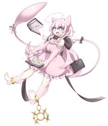  animal_ears anklet bad_id bad_pixiv_id barefoot blue_eyes book detached_sleeves dress female frills full_body halo jewelry mew_(pokemon) open_book open_mouth personification pink_dress pink_hair pokemon see-through shikkoku_neko solo tail white_background 