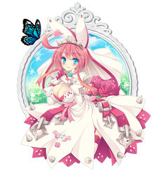  ahoge ascot blue_eyes blush bra breasts bridal_veil bug butterfly cleavage cleavage_cutout clothing_cutout clover commentary_request cross dress elphelt_valentine female fingers_together flower four-leaf_clover gloves guilty_gear guilty_gear_xrd hairband huge_ahoge large_breasts long_sleeves pink_hair puffy_long_sleeves puffy_sleeves red_bra red_flower red_rose rose short_hair smile solo spikes tokinon tongue tongue_out underwear veil 