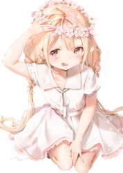  :d arm_up blonde_hair blurry brown_eyes cherry_blossoms commentary_request dress female flower_wreath full_body futaba_anzu hair_ribbon hand_on_headwear hand_on_lap head_wreath idolmaster idolmaster_cinderella_girls kinako_(shiratama_mochi) kira!_mankai_smile_(idolmaster) long_hair looking_at_viewer low_twintails md5_mismatch open_mouth resolution_mismatch ribbon sailor_collar sailor_dress sash school_uniform seiza signature simple_background sitting smile solo source_larger source_mismatch twintails twitter_username very_long_hair white_background white_dress white_sailor_collar 