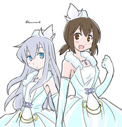  2girls :d anastasia_(idolmaster) anastasia_(idolmaster)_(cosplay) blue_eyes commentary_request cosplay dress elbow_gloves fubuki_(kancolle) gloves grey_hair hanuma_ichirou hat hibiki_(kancolle) idolmaster idolmaster_cinderella_girls kantai_collection long_hair love_laika_(idolmaster) multiple_girls nitta_minami nitta_minami_(cosplay) open_mouth ponytail pure_white_memories_(idolmaster) short_hair smile suzaki_aya twitter_username uesaka_sumire voice_actor_connection 