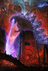  alien bug building city deity destruction dinosaur dragon energy epic fire giant_monster glowing glowing_eyes god goddess godzilla godzilla_(series) hydra insects kaijuu king_ghidorah kouji_tajima monster moth mothra multiple_heads night plant plants pterodactyl rodan shin_godzilla skyscraper spikes vines wings 