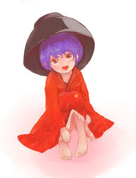  barefoot bowl bowl_hat brown_eyes commentary_request female hat japanese_clothes kimono ma_nyan_(nyao_mao_nyao) open_mouth purple_hair short_hair sitting sukuna_shinmyoumaru touhou 