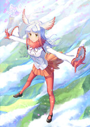  airysher black_footwear cloud commentary_request day female flying full_body fur_collar gradient_hair head_wings highres japanese_crested_ibis_(kemono_friends) kemono_friends long_sleeves multicolored_hair orange_skirt outstretched_arms pantyhose pleated_skirt red_eyes red_hair red_pantyhose sandstar scenery shirt shoes skirt smile solo spread_arms white_hair white_shirt wide_sleeves wings yellow_eyes 