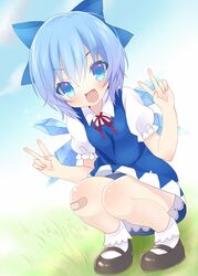  bandaid bandaid_on_knee bandaid_on_leg blue_bow blue_dress blue_eyes blue_hair blush bow cirno cirno_day commentary_request double_v dress female hairbow ice ice_wings kokorominton looking_at_viewer mary_janes oerba_yun_fang open_mouth puffy_sleeves shirt shoes short_sleeves smile solo squatting touhou v wings 