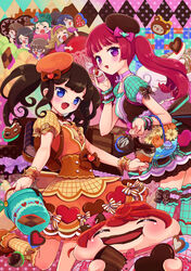  6+girls :d =_= argyle_background brown_hair cake cake_slice candy character_request checkerboard_cookie checkered_background chocolate chocolate_cake commentary_request cookie cupcake fangs food gozen_sadako heart heart-shaped_chocolate hojo_sophy kuma_(pripara) kurosu_aroma multiple_girls nabeshima_chanko ndo2 neko_(pripara) open_mouth polka_dot polka_dot_background pretty_series pripara shiratama_mikan smile tears 