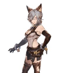  animal_ears bare_shoulders belt black_thighhighs breasts chains cleavage collar cuffs elbow_gloves erune female freesia_(granblue_fantasy) garter_straps glasses gloves granblue_fantasy grey_hair hair_over_one_eye hand_on_own_hip looking_at_viewer medium_breasts minaba_hideo official_art purple_eyes serious short_hair skirt solo thighhighs torn_clothes torn_thighhighs transparent_background zettai_ryouiki 