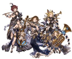  5girls ahoge animal_ears armlet augusta_(granblue_fantasy) black_gloves black_hair blonde_hair blue_eyes bob_cut boots bow_(music) braid breasts brown_eyes brown_hair cecile_(granblue_fantasy) cello cleavage draph dress earrings elbow_gloves erune flute french_braid full_body gloves granblue_fantasy hair_ornament hairband harvin hat high_heels horns instrument jewelry large_breasts long_hair minaba_hideo mini_hat multiple_girls navel novei_(granblue_fantasy) official_art one_eye_closed pamela_(granblue_fantasy) panties parted_bangs parted_lips pointy_ears robertina_(granblue_fantasy) sandals see-through_silhouette short_hair side-tie_panties side_slit sideboob smile tied_hair transparent_background trumpet tuba underwear violin 