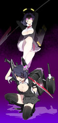  2girls black_legwear boots breasts cleavage commentary_request dress eyepatch fingerless_gloves gloves glowing glowing_eyes halo headgear highres kantai_collection large_breasts looking_at_viewer mecha_musume mechanical_halo multiple_girls open_mouth purple_eyes purple_hair samurai10932 school_uniform short_dress short_hair smile sword tatsuta_(kancolle) tenryuu_(kancolle) thighhighs underboob weapon yellow_eyes zettai_ryouiki 