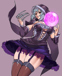  ashiomi_masato black_shirt breasts cape claw_(weapon) cleavage clothing_cutout commentary_request cross-laced_clothes cross-laced_cutout cross-laced_top detached_sleeves female flower frills garter_straps grey_hair hood large_breasts miniskirt orb photoshop_(medium) red_eyes rose shirt sideless_outfit simple_background skirt solo soulcalibur soulcalibur_v stomach_cutout thick_thighs thighhighs thighs viola_(soulcalibur) weapon 