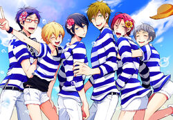  6+boys bad_id bad_pixiv_id blonde_hair blue_eyes blue_hair blush brown_hair closed_eyes commentary_request cutoffs diana_assa everyone flower free! glasses hair_flower hair_ornament hat hazuki_nagisa hug hug_from_behind male_focus matsuoka_rin multiple_boys nanase_haruka_(free!) nitori_aiichirou oerba_yun_fang one_eye_closed open_mouth photoshop_(medium) purple_eyes red_eyes ryuugazaki_rei shirt shorts smile straw_hat striped_clothes striped_shirt sunflower tachibana_makoto v 