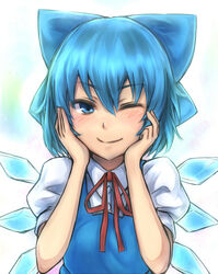  ;) blue_eyes blue_hair blush bow cirno commentary_request dress female hairbow hands_on_own_cheeks hands_on_own_face inaba-no-kuni-tottori looking_at_viewer neck_ribbon one_eye_closed puffy_short_sleeves puffy_sleeves red_ribbon ribbon short_hair short_sleeves smile solo touhou upper_body wings 