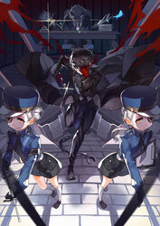  business_suit caroline_(persona_5) eyepatch igor justine_(persona_5) kurusu_akira persona_5 police_uniform selenoring weapon 