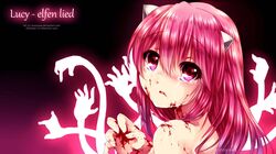  blood character_name commentary_request copyright_name elfen_lied female horns long_hair looking_at_viewer lucy_(elfen_lied) nude open_mouth photoshop_(medium) pink_eyes pink_hair red_eyes solo sonnyaws vectors 