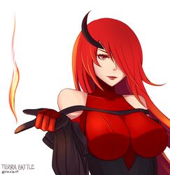  breasts commentary_request daiana_(terra_battle) female fire long_hair looking_at_viewer red_eyes red_hair rexlent simple_background solo terra_battle 