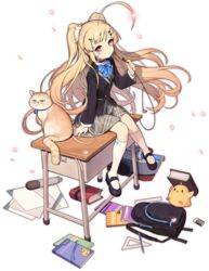  ahoge animal arm_at_side azur_lane backpack bag bell bird black_choker black_footwear blonde_hair blue_bow blue_bowtie book bow bowtie buttons chick choker collared_shirt desk earbuds earphones earphones_removed eldridge_(azur_lane) eldridge_(the_inquisitive_recluse)_(azur_lane) eyebrows eyelashes facial_mark feline female flat_chest full_body grey_skirt hair_ornament hairclip highres holding huge_ahoge jacket jingle_bell kinjo_kuromomo kneehighs knees_together_feet_apart light_particles long_hair long_sleeves manjuu_(azur_lane) mary_janes miniskirt official_alternate_costume official_art on_desk petals pink_pupils red_eyes school_desk school_uniform shirt shoes sitting skirt socks solo tachi-e torpedo transparent_background two_side_up very_long_hair white_shirt white_socks 