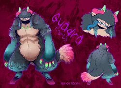  anthro blue_body blue_fur english_text eyeless fur grey_body grey_fur hooves horn japanese_text male memyou_karasu monster open_mouth sharp_teeth solo tan_body tan_fur teeth text tongue tongue_out 