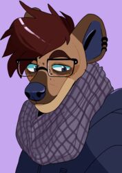  bust_portrait charmsey clothing eyewear glasses hoodie hyena male mammal piercing portrait scarf smile solo spotted_hyena tokivoli topwear 